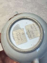 A Chinese famille verte teapot and three famille rose capucine-ground cups and saucers, Kangxi/Qianlong