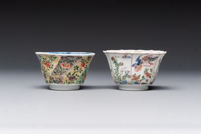 Two Chinese famille verte cups and four saucers, lingzhi and jade marks, Kangxi