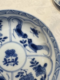 Six Chinese blue and white 'Rooster' cups and saucers, Kangxi
