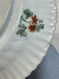 Seven Chinese famille verte cups and four saucers, conch shell and lingzhi marks, Kangxi