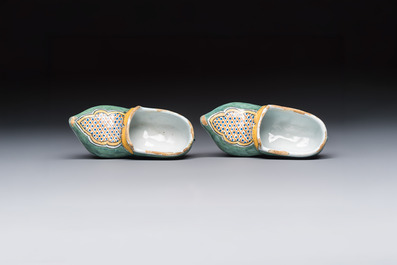 A pair of polychrome Dutch Delft models of shoes, 18th C.