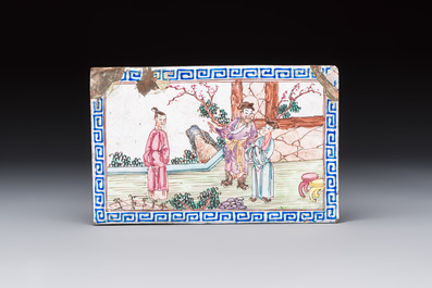 Six Chinese Canton enamel rectangular plaques with landscape, figural, floral and European subject designs, Qianlong