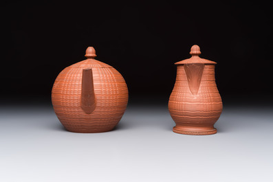 An English 4-piece engine-turned redware tea service, pseudo-Chinese marks, 2nd half 18th C.