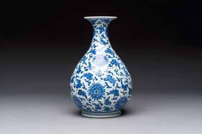 A Chinese blue and white 'Yuhuchunping' vase with lotus scroll design, Qianlong mark and of the period