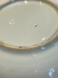 A Chinese famille verte teapot and three famille rose capucine-ground cups and saucers, Kangxi/Qianlong