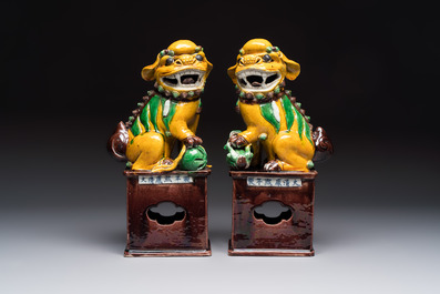 A pair of Chinese sancai-glazed Buddhist lions, Kangxi mark, 19th C.