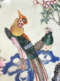 A fine Chinese famille rose pale celadon-ground 'phoenixes' dish with a reticulated rim, Qianlong