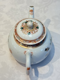 A Chinese famille verte teapot and three famille rose capucine-ground cups and saucers, Kangxi/Qianlong