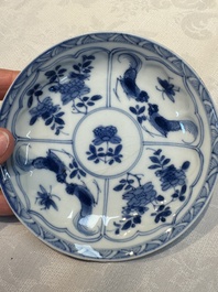 Six Chinese blue and white 'Rooster' cups and saucers, Kangxi