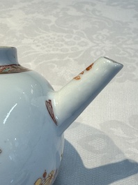 A Chinese famille verte teapot and three famille rose capucine-ground cups and saucers, Kangxi/Qianlong