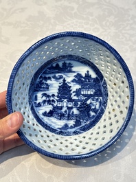 Six Chinese blue and white reticulated baskets with pagodas along a river, Qianlong