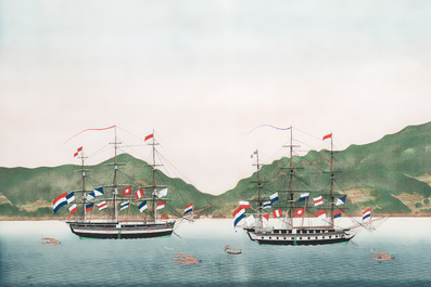 Kawahara Keiga 川原慶賀 (Japan, 1786-1860): 'Two Dutch Vessels Anchored off Nagasaki Bay', gouache on silk, seal mark, 19th C.