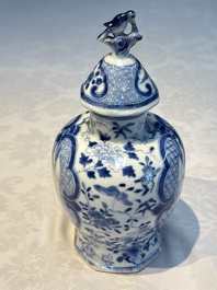 A rare Chinese blue and white five-piece garniture in Dutch Delft style, Kangxi mark, 19th C.
