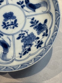 Six Chinese blue and white 'Rooster' cups and saucers, Kangxi
