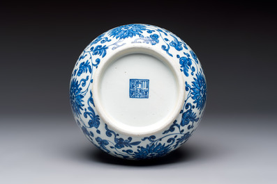 A Chinese blue and white 'Yuhuchunping' vase with lotus scroll design, Qianlong mark and of the period