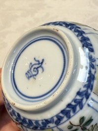 Seven Chinese famille verte cups and four saucers, conch shell and lingzhi marks, Kangxi