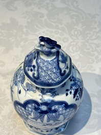 A rare Chinese blue and white five-piece garniture in Dutch Delft style, Kangxi mark, 19th C.