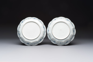 A pair of Japanese Arita blue and white 'Birds among Flowering Branches' plates, Edo 18th C.
