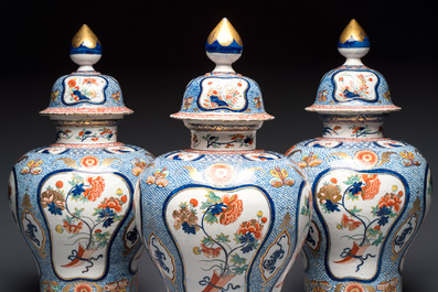 An exceptional polychrome Dutch Delft five-piece garniture in Chinese Kangxi style, first quarter 18th C.