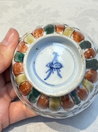 Seven Chinese famille verte cups and four saucers, conch shell and lingzhi marks, Kangxi