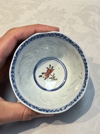 Seven Chinese famille verte cups and four saucers, conch shell and lingzhi marks, Kangxi