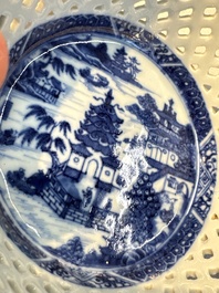 Six Chinese blue and white reticulated baskets with pagodas along a river, Qianlong