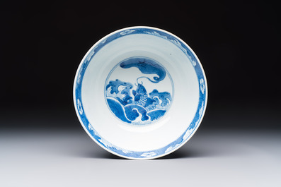A Chinese blue and white' Dragons and Carp' bowl, Kangxi