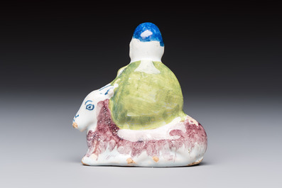 A polychrome Dutch Delft chinoiserie model of Shou Lao on a deer, 18th C.