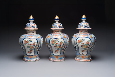 An exceptional polychrome Dutch Delft five-piece garniture in Chinese Kangxi style, first quarter 18th C.