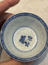 Six Chinese blue and white 'Rooster' cups and saucers, Kangxi