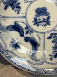 Six Chinese blue and white 'Rooster' cups and saucers, Kangxi