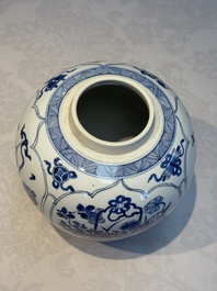 A Chinese blue and white 'Antiquities and Flower Baskets' vase with a wooden cover, Kangxi