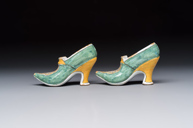 A pair of polychrome Dutch Delft models of shoes, 18th C.