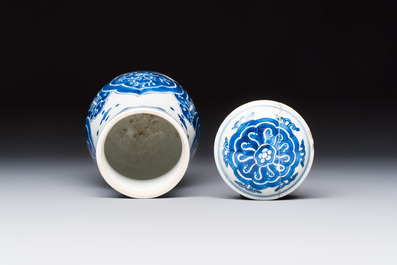 A Chinese blue and white covered vase and two bottle vases, Chenghua and jade marks, Kangxi