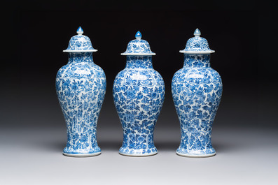 A Chinese blue and white five-piece garniture with floral design, Kangxi