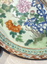 A fine Chinese famille rose pale celadon-ground 'phoenixes' dish with a reticulated rim, Qianlong