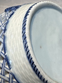 Six Chinese blue and white reticulated baskets with pagodas along a river, Qianlong