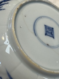 Six Chinese blue and white 'Rooster' cups and saucers, Kangxi