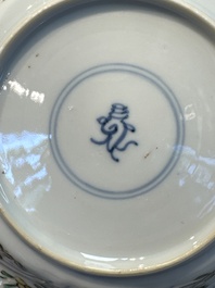 Seven Chinese famille verte cups and four saucers, conch shell and lingzhi marks, Kangxi