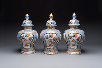 An exceptional polychrome Dutch Delft five-piece garniture in Chinese Kangxi style, first quarter 18th C.