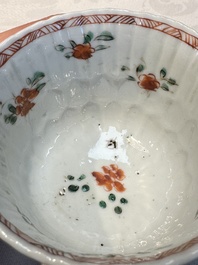 Seven Chinese famille verte cups and four saucers, conch shell and lingzhi marks, Kangxi