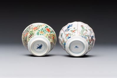 Two Chinese famille verte cups and four saucers, lingzhi and jade marks, Kangxi