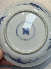 Six Chinese blue and white 'Rooster' cups and saucers, Kangxi