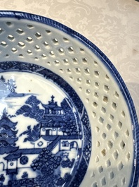 Six Chinese blue and white reticulated baskets with pagodas along a river, Qianlong