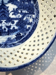 Six Chinese blue and white reticulated baskets with pagodas along a river, Qianlong