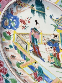 A fine Chinese famille rose dish with ladies and boys near a pagoda, Yongzheng