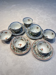 Seven Chinese famille verte cups and four saucers, conch shell and lingzhi marks, Kangxi