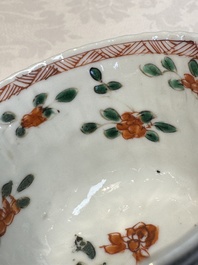 Seven Chinese famille verte cups and four saucers, conch shell and lingzhi marks, Kangxi