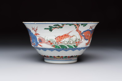 A Chinese famille verte 'Mythical Beasts and Horses' bowl, Fu 黼 mark, Kangxi