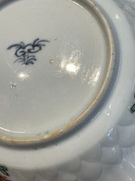 Seven Chinese famille verte cups and four saucers, conch shell and lingzhi marks, Kangxi